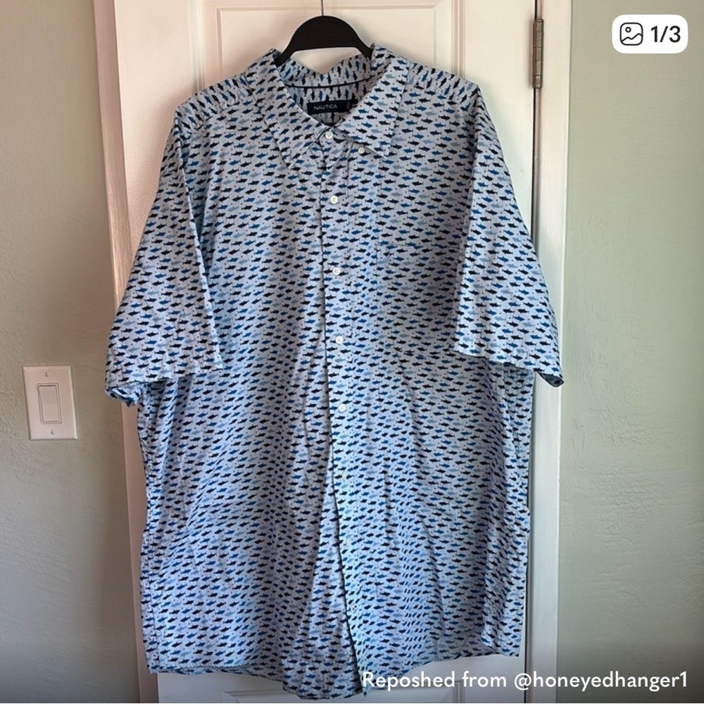 Nautica Light Blue Short-Sleeve Button-Down with Navy Fish Print